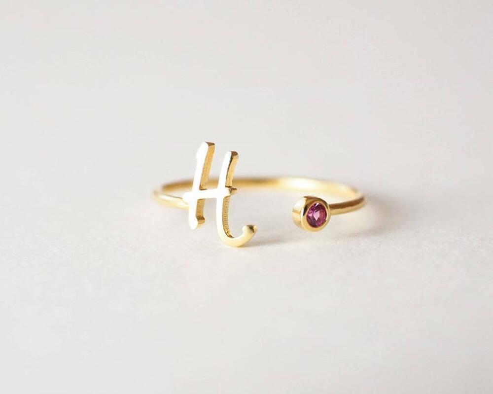 Customizable Birthstone Letter Ring R002