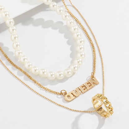 QUEEN Letter Pendant with Ring Triple Chain Set