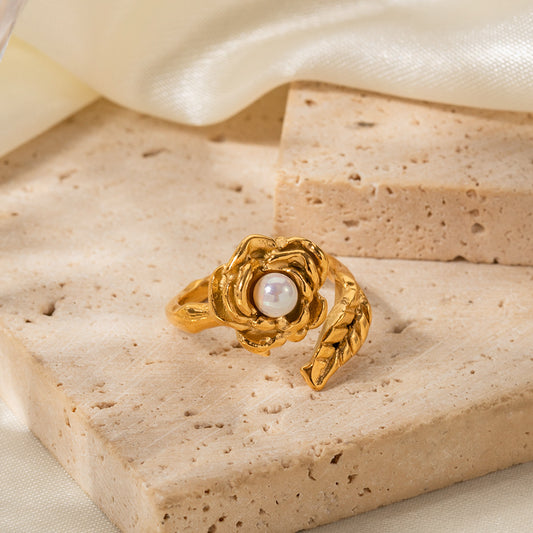 18K Gold Camellia and Pearl Elegance Ring