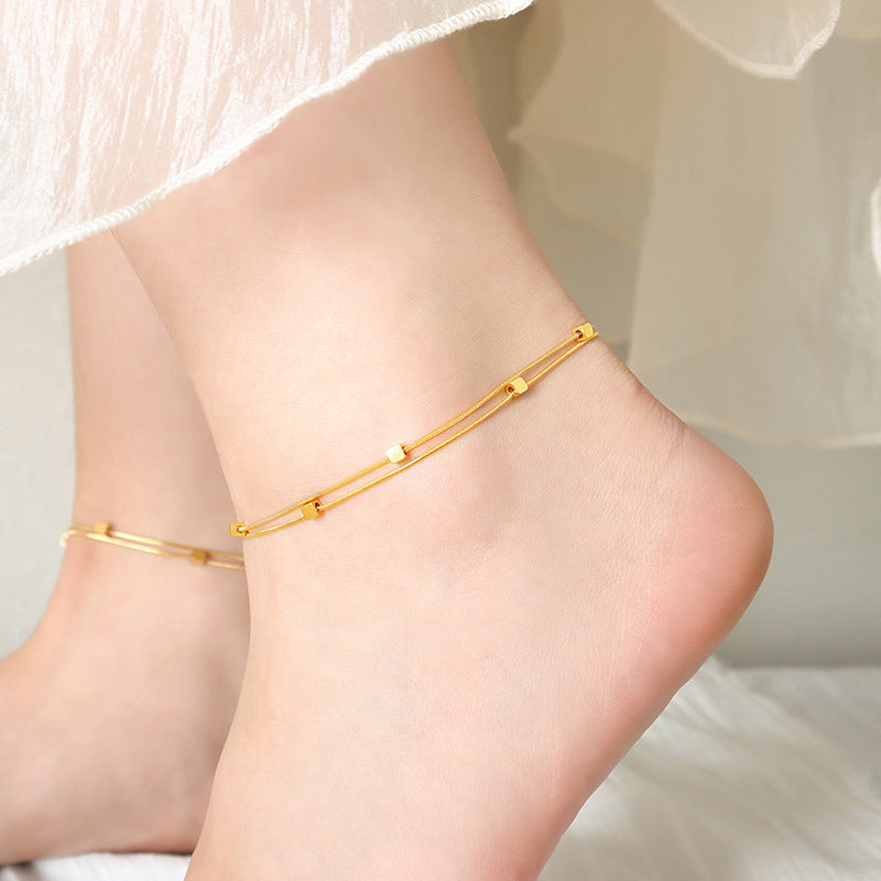 18K Gold Minimalist Geometric Square Double-Layer Anklet