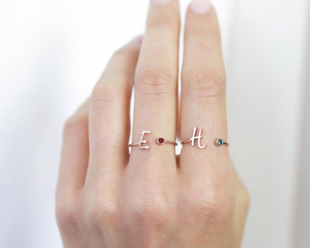 Customizable Birthstone Letter Ring R002