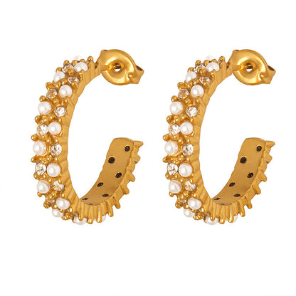 18K Gold C-Shape Diamond and Pearl Earrings