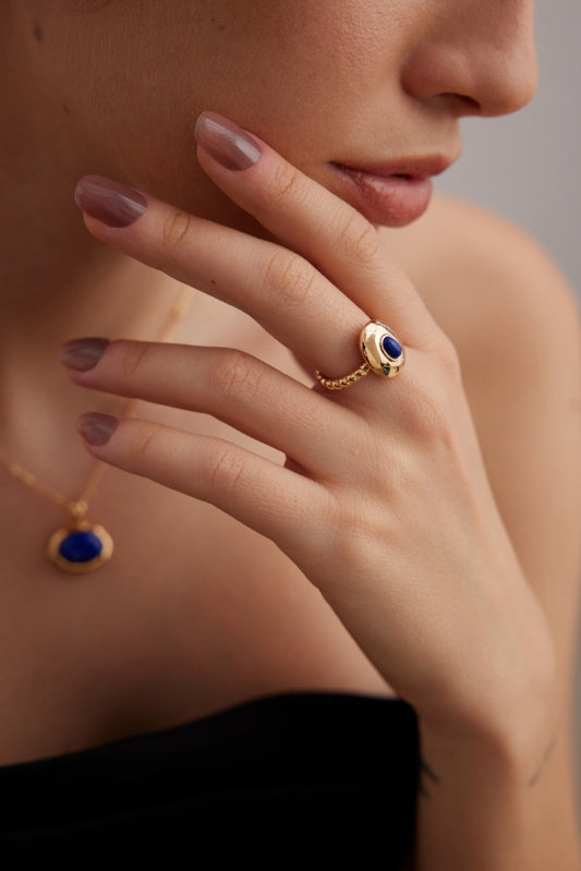 Minimalist Lapis Lazuli Gemstone Earring and Ring Ensemble