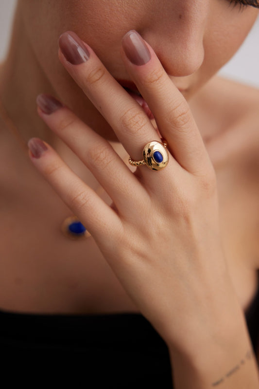 Minimalist Lapis Lazuli Gemstone Earring and Ring Ensemble