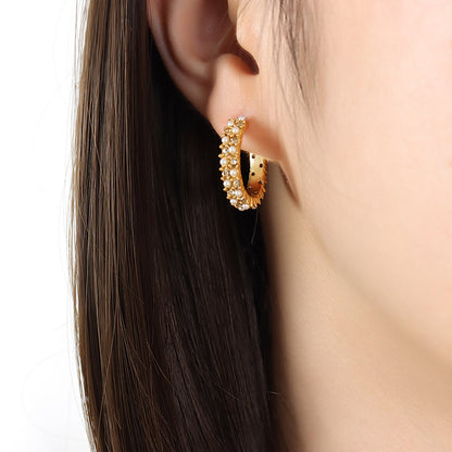 18K Gold C-Shape Diamond and Pearl Earrings